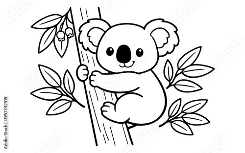 Cute cartoon koala bear climbing a tree with leaves and berries