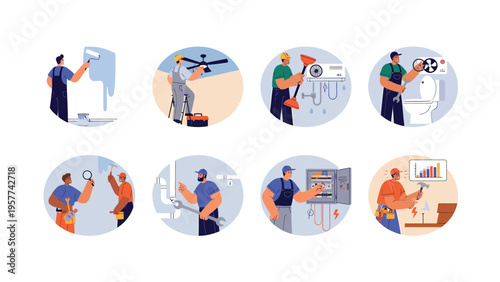 Home Services Professionals Icons. Plumber, Electrician, Painter, Handyman, and Repairman at Work. Flat Vector Set.