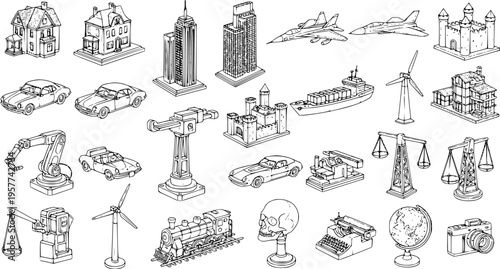 Diverse Collection of Isometric Line Art Icons: Buildings, Vehicles, Machinery, and Objects
