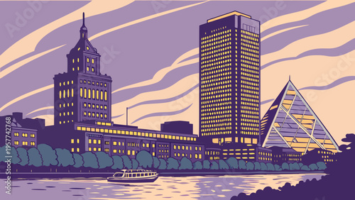 Urban Skyline Evening View Featuring Historic Tower Modern Skyscraper and Distinctive Pyramid Structure Over Waterway boston skyline vector