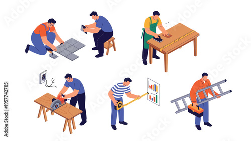 Isometric Handymen & Construction Workers Set: Tiling, Woodworking, Measuring, and Repair Tasks with Tools