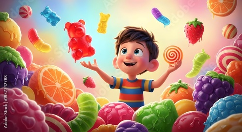a boy kid in a gummy candy world fruity candies gummy bear