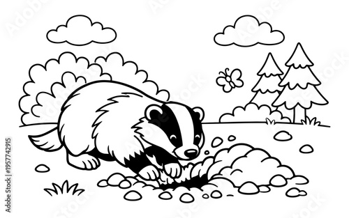 Cute cartoon badger digging a hole in the ground with a butterfly flying nearby