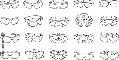 Detailed line art vector collection of diverse eyewear: smart glasses, VRAR headsets, safety goggles, and stylish sunglasses