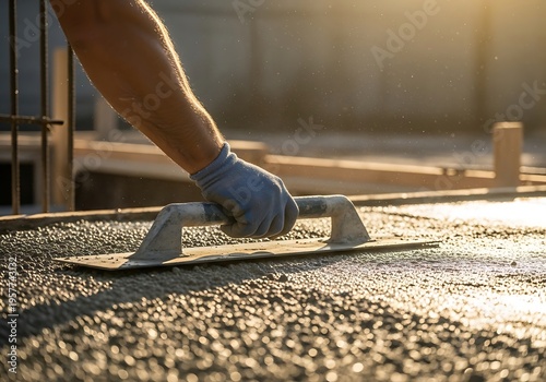 Construction worker smoothing concrete on a building site