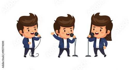 Singer Character Set Music Performance Cartoon Vector Illustrations Isolated on White Background