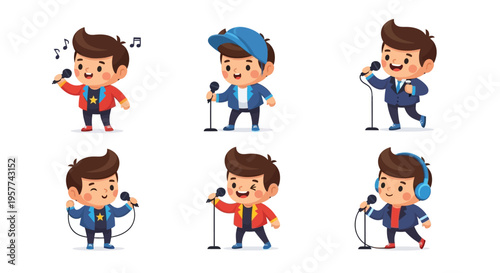 Singer Character Set Music Performance Cartoon Vector Illustrations Isolated on White Background