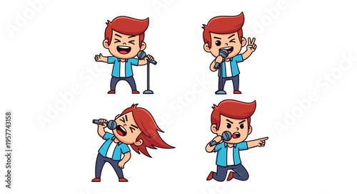 Singer Character Set Music Performance Cartoon Vector Illustrations Isolated on White Background