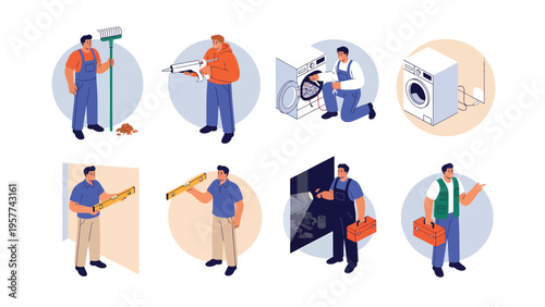 Professional home services set: Handyman, cleaning, painting, appliance repair, installation, and renovation tasks.