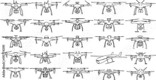 Comprehensive collection of hand-drawn drone illustrations, showcasing various types of unmanned aerial vehicles (UAVs) in black and white line art.