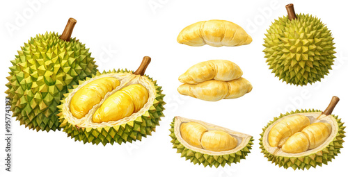 A beautiful collection of watercolor durian fruit illustrations featuring whole, halved, and segmented tropical durians with creamy yellow flesh.