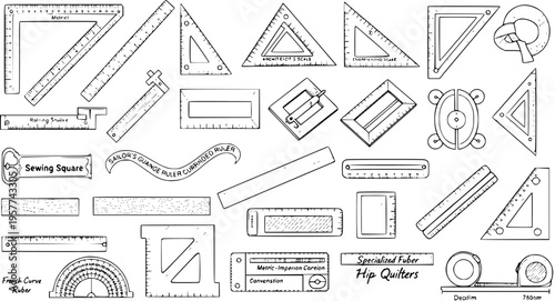 Hand-drawn collection of vintage and specialized measuring tools, rulers, squares, drafting, and sewing instruments.