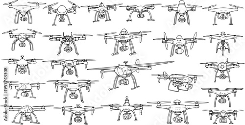 Black and White Hand Drawn Drones and Quadcopters Set. Detailed Line Art Collection of Various Unmanned Aerial Vehicles (UAVs) for Technology and Innovation