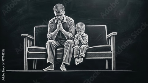 Father and Son Praying Together, Drawing on Blackboard Background.