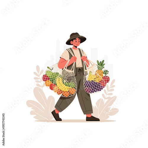 Man Carrying Fresh Fruit Bags.