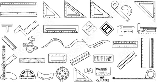 Hand-drawn collection of rulers, set squares, protractors, and various measuring and drafting tools for geometry, design, sewing, and quilting projects, isolated on white.