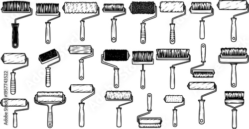 Assortment of Hand-Drawn Paint Rollers and Brushes in Black and White for Home Renovation