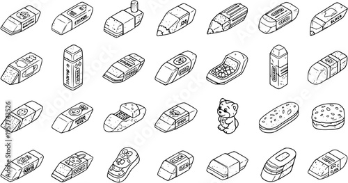 Isometric Hand-Drawn Eraser Collection: Diverse School and Office Stationery Doodle Icons Set