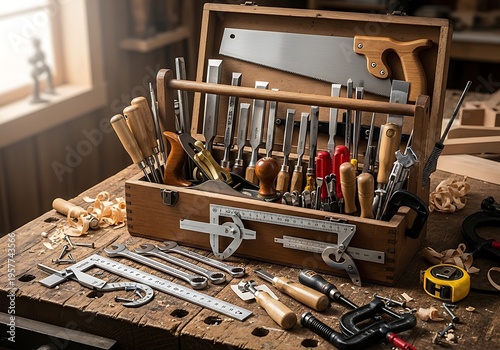 Woodworking tools in a wooden toolbox on a workbench
