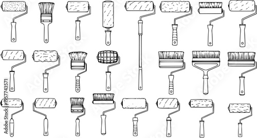 Paint Tools Collection: Black and White Vector Illustration of Rollers and Brushes for Painting and Home Improvement