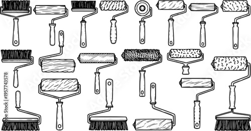 Collection of various paint rollers and brushes for painting, decorating, and home improvement works, vector illustration.