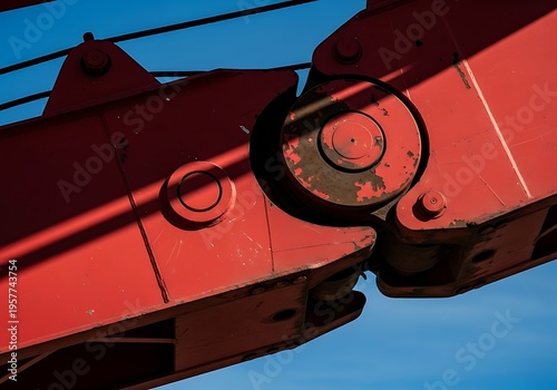 Close up of red industrial crane chain link against blue sky
