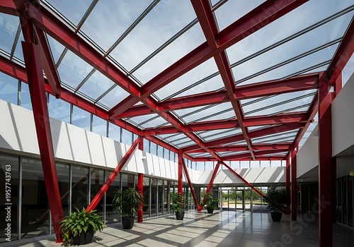Modern glass roofed atrium with red steel structure