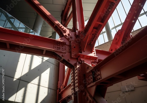 Red steel beams supporting a modern building structure