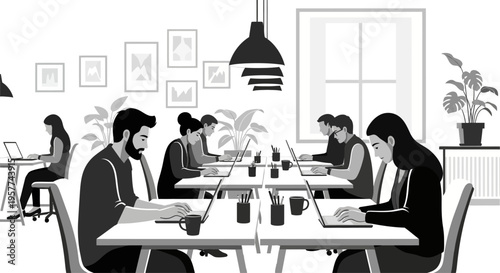 People working diligently in a modern open-plan office environment.