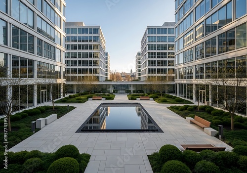 Modern office complex with central courtyard and reflecting pool