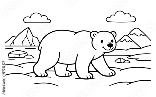 Cute cartoon polar bear walking in an arctic landscape with mountains and clouds