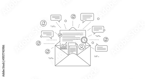 Email Marketing and Communication Line Art Illustration.