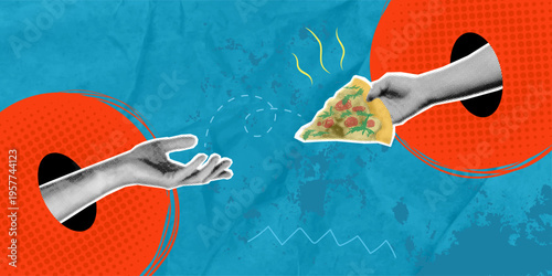 A trendy halftone pop art collage depicting a hand reaching toward a hand holding a cheese pizza on a blue textured background. Concept of delicious, filling food.