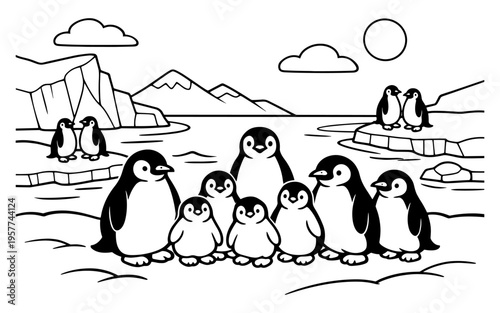 A charming group of penguins and their chicks gather on an icy landscape