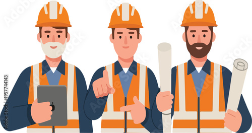Illustration of construction workers wearing safety helmets working together on a construction project