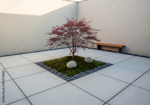 serene garden with japanese maple tree and bench in modern courtyard