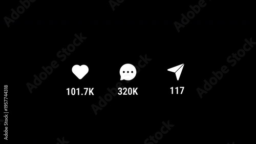 Animation of increasing likes, comments and shares icons social network engagement statistics growing digital online