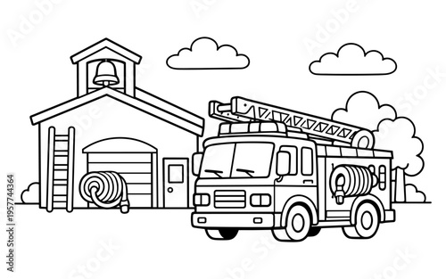 Cartoon fire truck parked outside a fire station with a ladder and hose