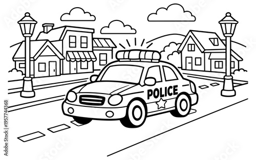 Cartoon police car driving down a street in a town with houses and streetlights