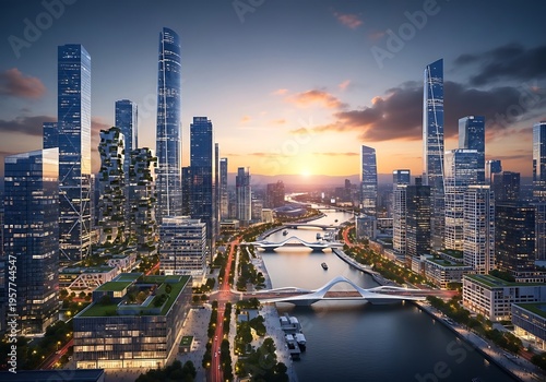 Modern cityscape with river and skyscrapers at sunset