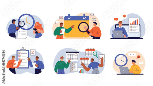 Productivity, Time Management & Project Planning Concepts. Flat vector illustrations of scheduling, task organization, and deadline management.