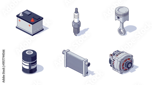 Isometric Automotive Parts Icons Set: Car Engine, Electrical & Cooling System Components