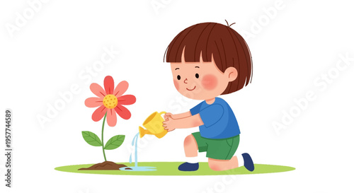 Child Watering Flower Plant.
