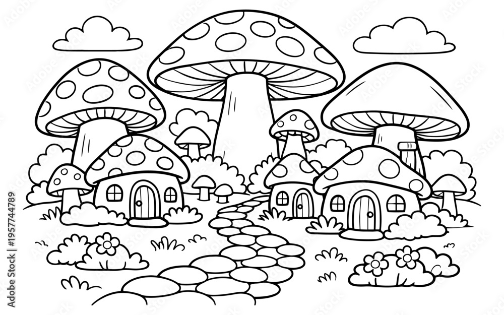 Fototapeta premium Whimsical mushroom houses with a stone path and clouds in a fantasy landscape