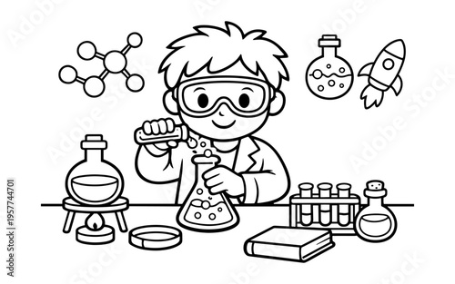 Young scientist conducting experiment with beakers and test tubes in laboratory