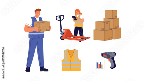 Logistics and Warehouse Operations Illustration. Workers, boxes, pallet jack, scanner for supply chain management.