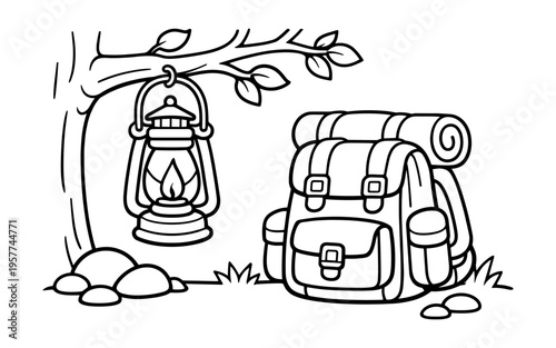 Cartoon camping backpack and lantern hanging from a tree branch