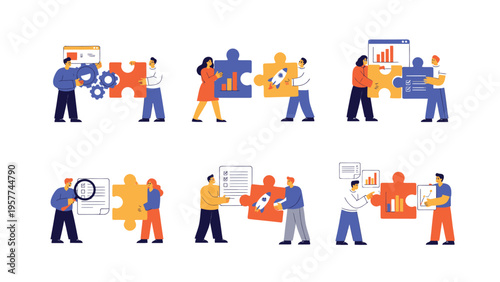 Teamwork and Collaboration Concept: Business people connecting puzzle pieces for partnership, problem-solving, strategy, and project development.