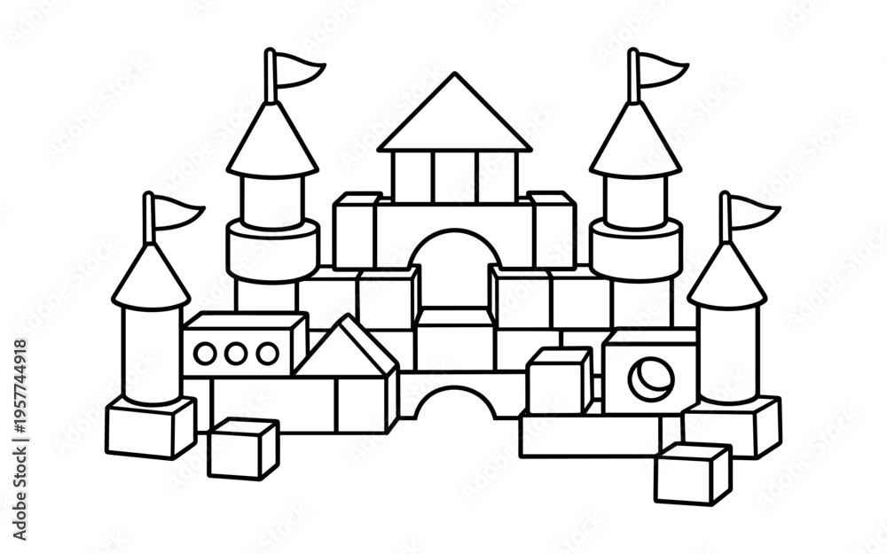 Naklejka premium Outline drawing of a toy castle made from building blocks