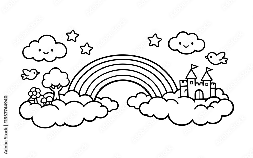 Naklejka premium Whimsical cartoon rainbow with castle, clouds, birds, and stars